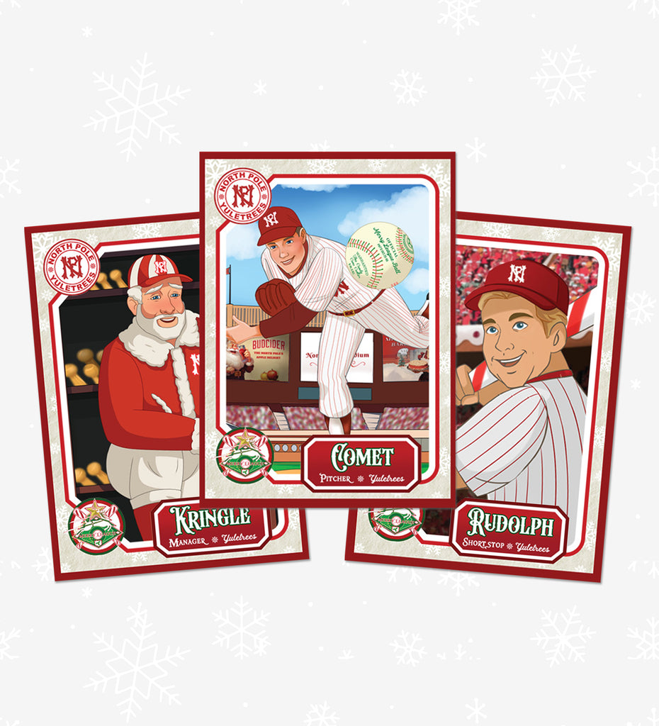 Official Merry League Christmas Baseball Cards! 10 Cards Per Set Featuring The Starting 9 And Coach Of The North Pole.